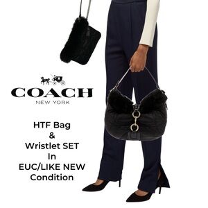 COACH Fur-Trimmed, Quilted NYLON, Leather trimmed Black Women's Bag and Wristlet